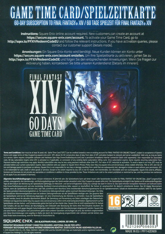 Final Fantasy Xiv A Realm Reborn 60 Day Game Time Card