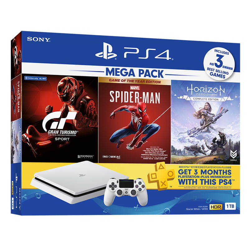 PlayStation 4 1TB HDD Mega Pack (Gran Turismo Sport  / Marvel’s Spider-Man Game of the Year Edition / Horizon Zero Dawn) image 1