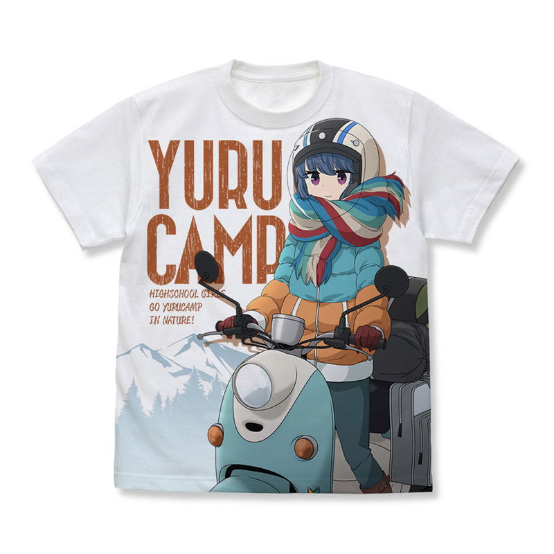Yuru Camp - Rin Shima and Scooter Full Graphic T-Shirt (White | Size XL) image 1