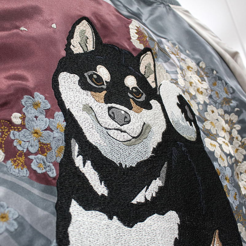 Doomsday With My Dog - Designed By Yu Ishihara Mr. Haru Black Shiba Ver. Embroidered Souvenir Jacket (Gray | Size XL) image 7