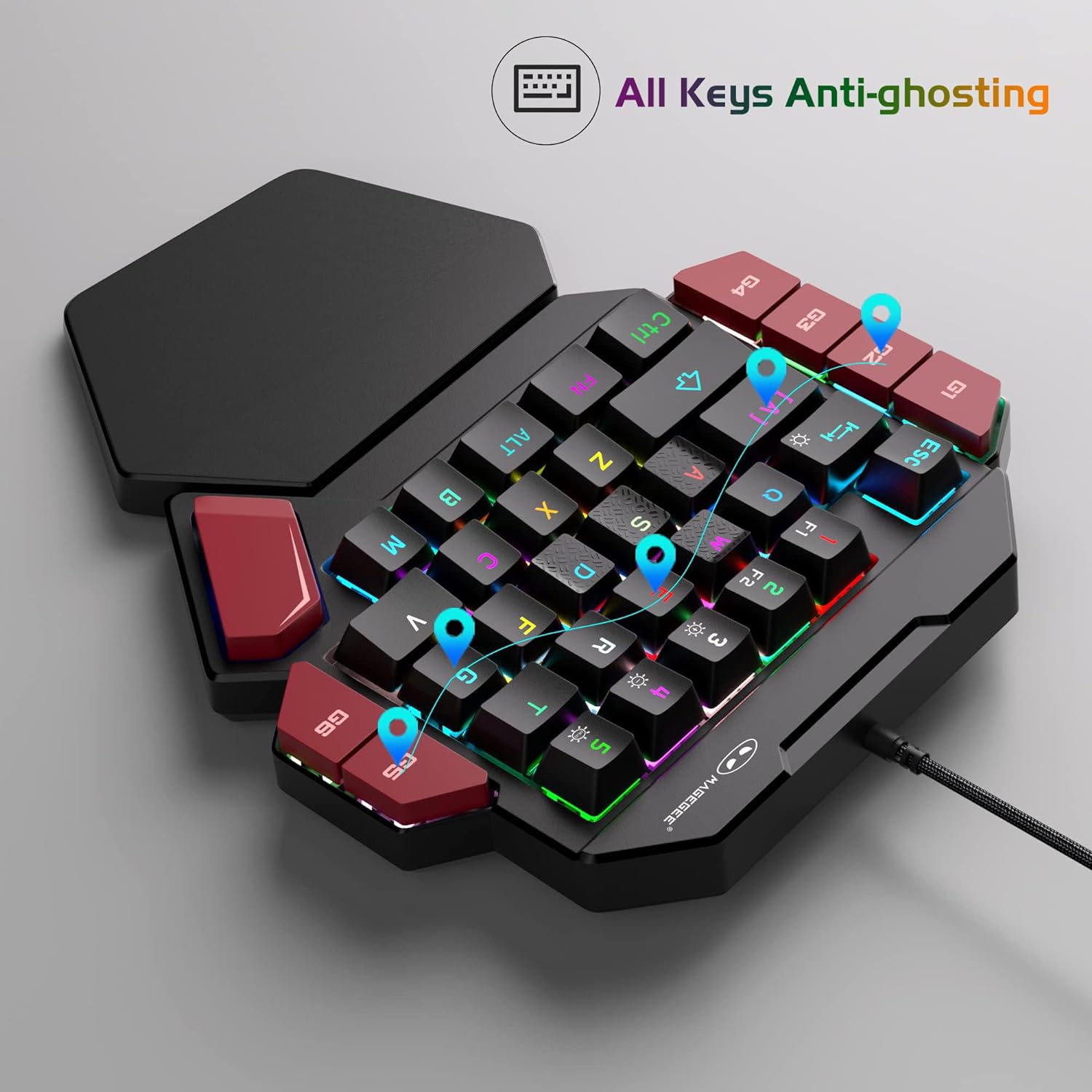 MageGee MK-Axe One Handed Professional Gaming Keyboard Rainbow Lighting Black/Red (Red Switch) for Laptop, Desktop