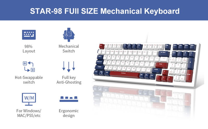 MageGee SKY98 Wired Mechanical Keyboard (Blue/White) - Red Switch image 6