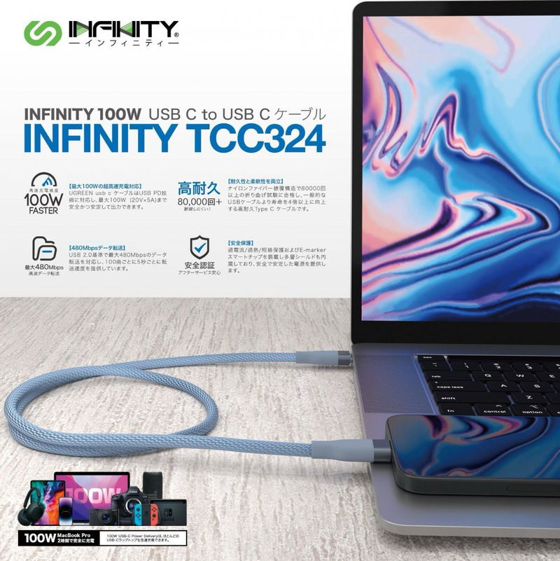 Infinity TCC324 Super Fast TYPE-C to TYPE-C Charging Cable 0.9m (Green) image 2