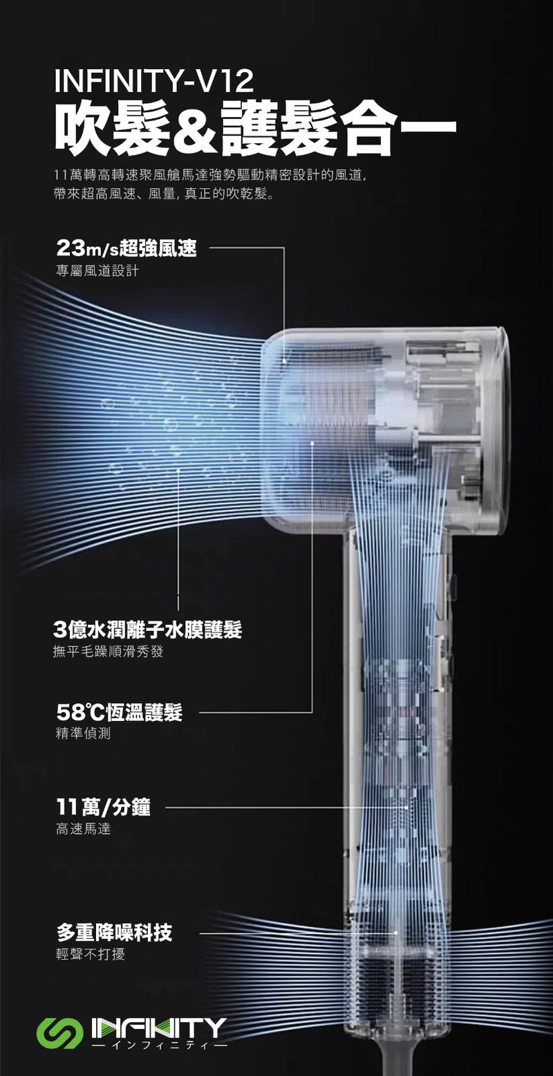 Infinity V12 300 Million Hydrating Negative Ion Hair Dryer (Blue) image 3