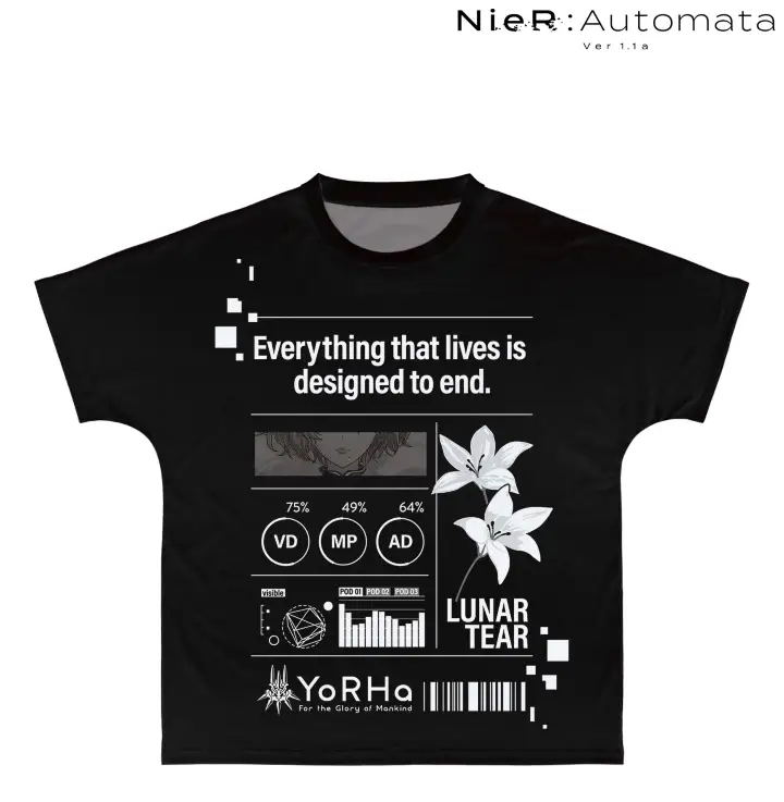 NieR:Automata Ver1.1a 2B Ani-Art Black Label Full Graphic T-shirt (Unisex | Size S) image 1