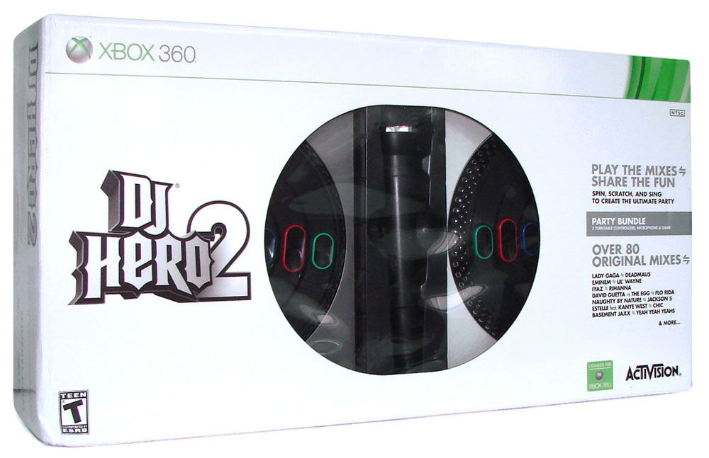 DJ Hero 2 for Xbox 360 PARTY BUNDLE 2 TURNTABLE CONTROLLERS, MICROPHONE deals & GAME