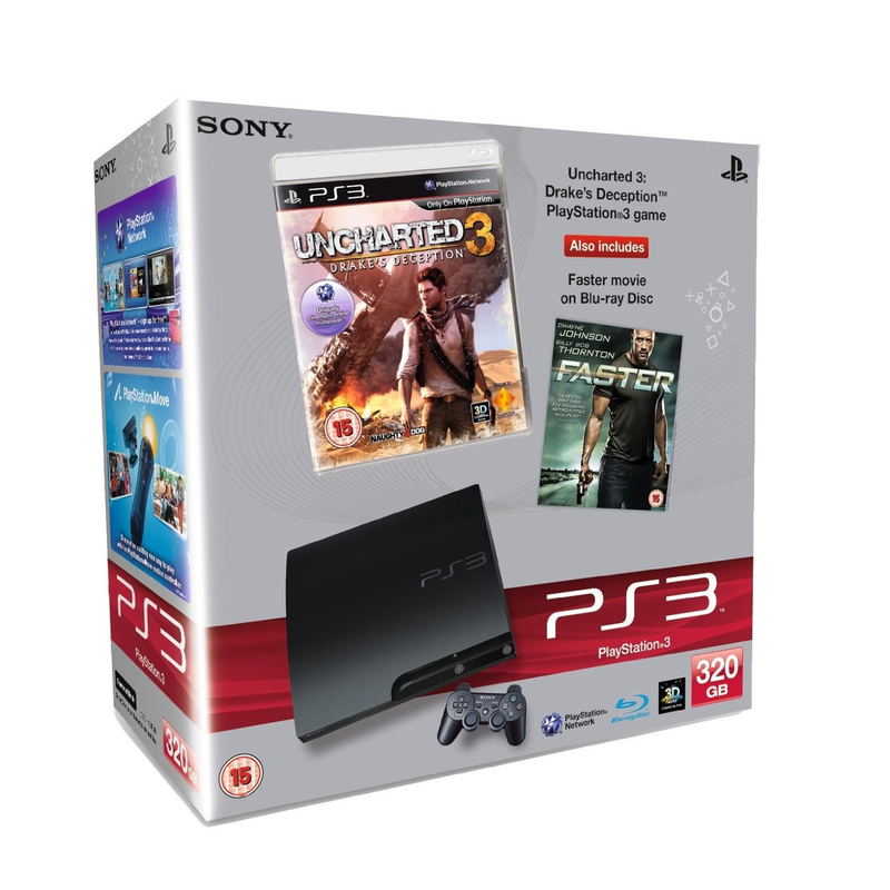 PlayStation3 Slim Console (320GB Black Model) with Uncharted 3 and Faster (Blu-ray Movie) Bundle image 1