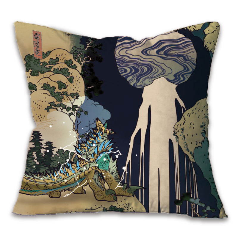 Monster Hunter Ukiyoe Cushion: Zinogre x Kiso Waterfalls image 1